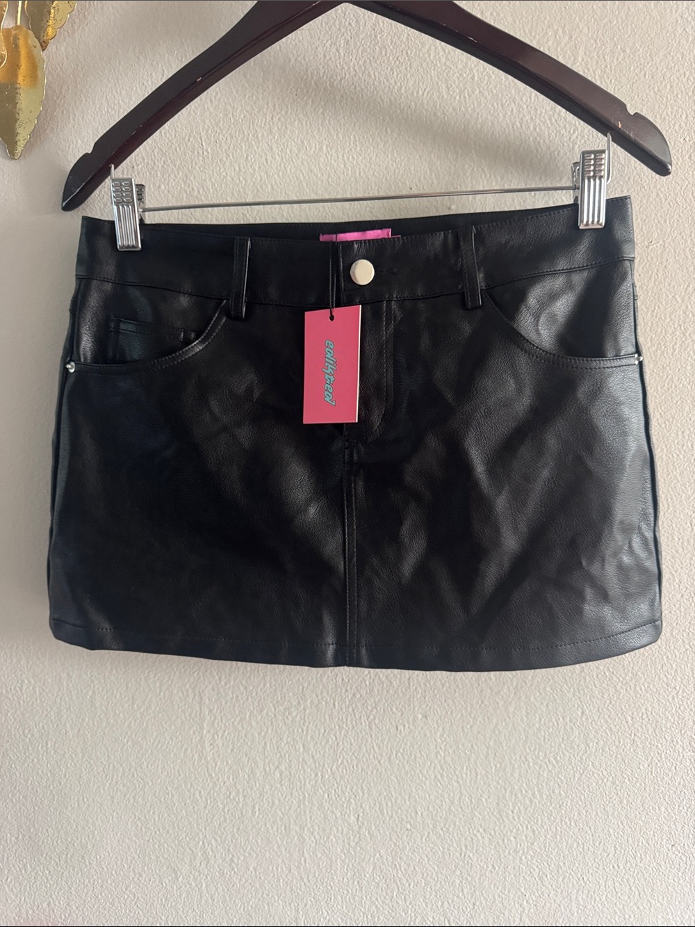 Edikted Black Faux Leather Mini Skirt with Pink Tag